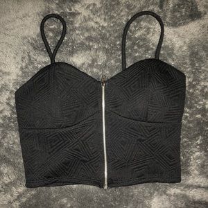 Push up black front zip crop top